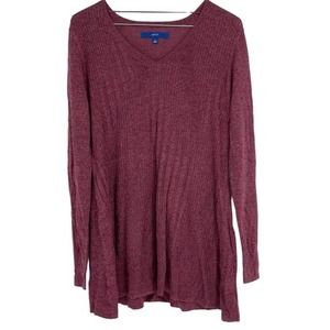 APT9 TUNIC BURGUNDY LIGHTWEIGHT RIBBED BRAIDED DESIGN VNECK SWEATER SMALL